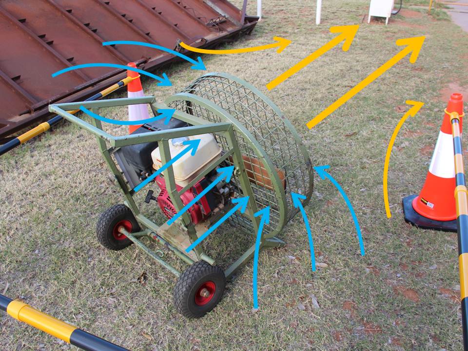 Figure 10: Cold-air inflation fan airflow (blue arrows show air being drawn in, yellow arrows show outflow)